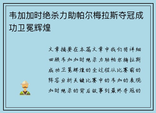 韦加加时绝杀力助帕尔梅拉斯夺冠成功卫冕辉煌